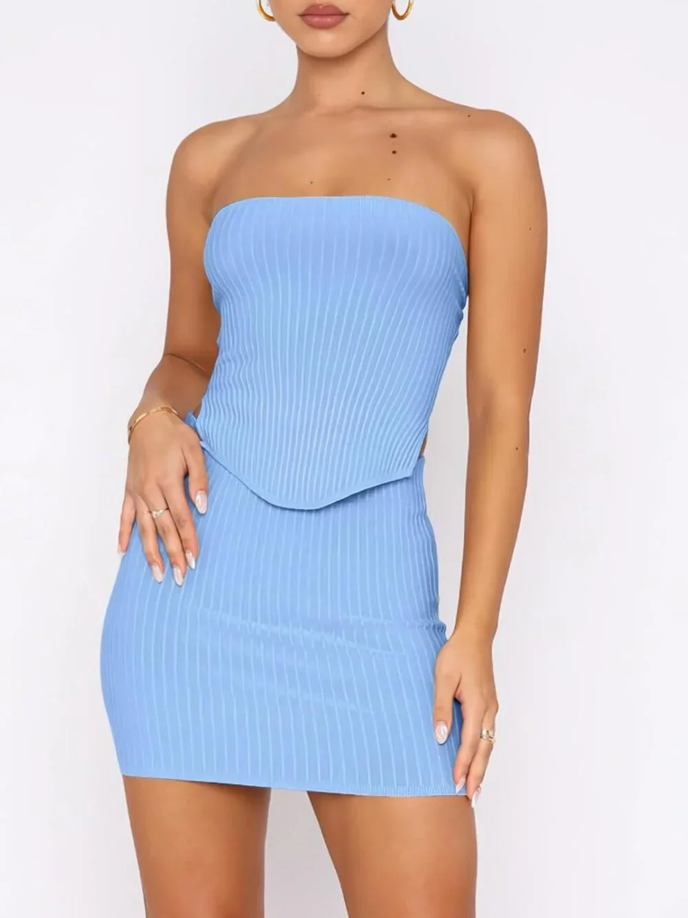 Women's Sky Blue Viscose Strapless Crop Top With Skirt Mini Club Bodycon Dress